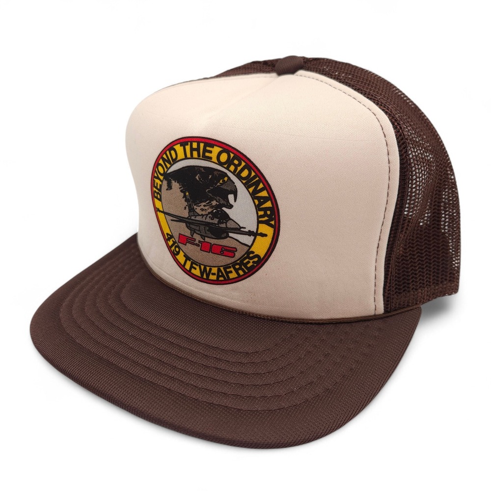 Vintage F-16 Fighter Jet Plane 419 TFW-AFRES Mesh Trucker Hat Snapback Brown Cap